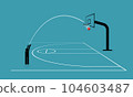 Man shooting a basketball from three point line into a hoop and score 3. Vector illustration depicts concept of accurate, precise, skillful, objective, focus, concentrate and practice makes perfect. 104603487