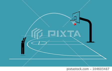 Man shooting a basketball from three point line into a hoop and score 3. Vector illustration depicts concept of accurate, precise, skillful, objective, focus, concentrate and practice makes perfect. 104603487