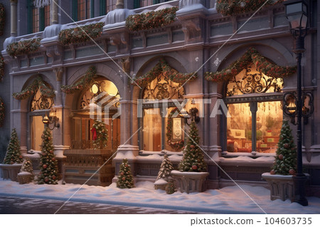 Generative ai. Building exterior Christmas decoration. 104603735
