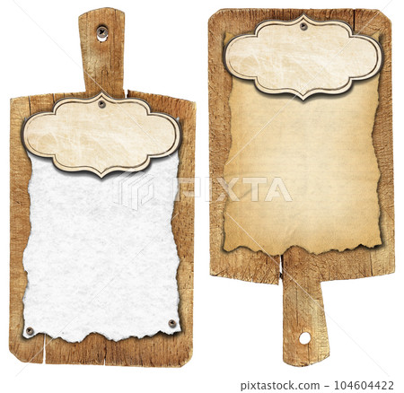 Old Wooden Cutting Boards with Blank Sheet of Paper and Label 104604422