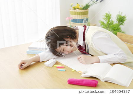 A high school girl who falls asleep while studying at home A high school girl who falls asleep while studying at home 104604527