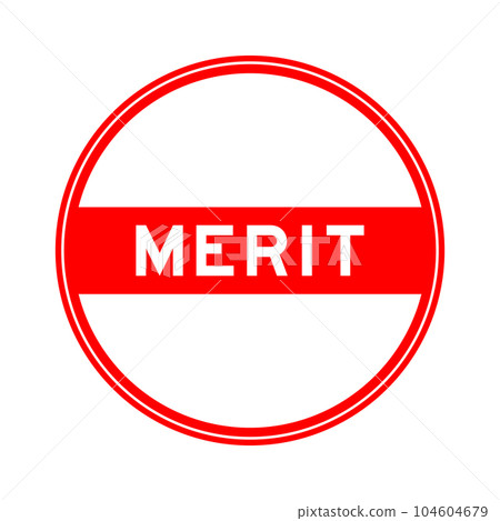 Red color round seal sticker in word merit on white background 104604679