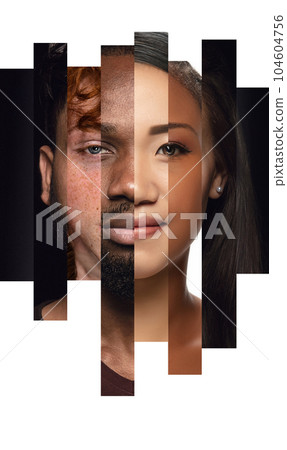 Human face made from different portrait of men and women of diverse age, gender and race. Combination of faces. Human face made from different portrait of men and women of diverse age, gender and race. Combination of faces. 104604756