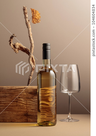 Bottle of white wine with a composition of old plank, dry snags, and dried vine leaves. Bottle of white wine with a composition of old plank, dry snags, and dried vine leaves. 104604834