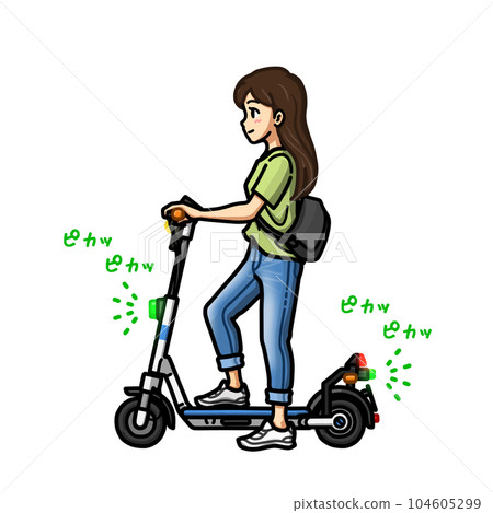 Illustration of a woman riding an electric kickboard with a special special moped (maximum speed 6km/h) (stopped state) 104605299