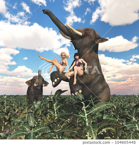 Jungle girls with two elephants in a landscape 104605448