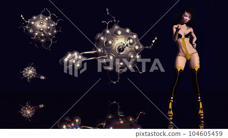 Artistic rendering with spaceships and attractive woman in futuristic clothes in a distant world Artistic rendering with spaceships and attractive woman in futuristic clothes in a distant world 104605459