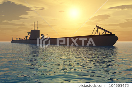 Submarine of World War II at sunset 104605473