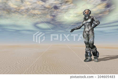 Artistic rendering with female astronaut in an alien desert landscape Artistic rendering with female astronaut in an alien desert landscape 104605483