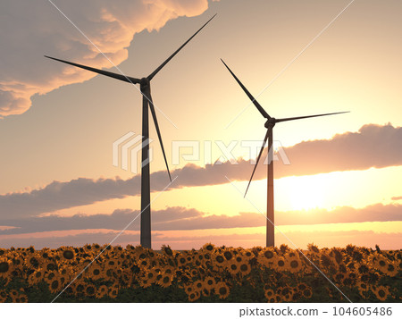 Wind turbines in a field of sunflowers at sunset Wind turbines in a field of sunflowers at sunset 104605486