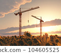 Construction cranes in a landscape with sunflowers at sunset 104605525