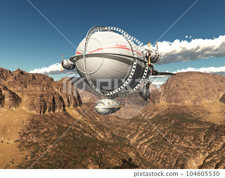 Fantasy airship over a mountain landscape Fantasy airship over a mountain landscape 104605530