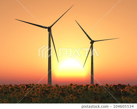 Wind turbines in a field of sunflowers at sunset 104605534