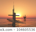 Modern submarine and offshore platform in the open sea at sunset 104605536