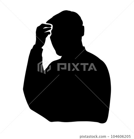 Senior male silhouette, pictogram that puts his hand on his forehead and thinks, black 104606205