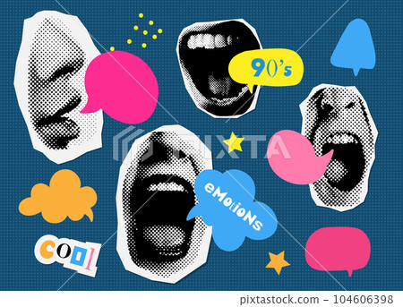 Set of Halftone male and female lips cut out of paper with spech bubbles. Dotted vintage vector illustration. Y2k trendy collage elements Set of Halftone male and female lips cut out of paper with spech bubbles. Dotted vintage vector illustration. Y2k trendy collage elements 104606398