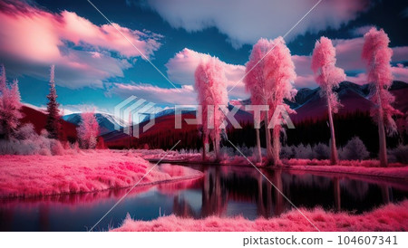Beautiful pink infrared landscape panorama river and mountains with cloudy sky Beautiful pink infrared landscape panorama river and mountains with cloudy sky 104607341