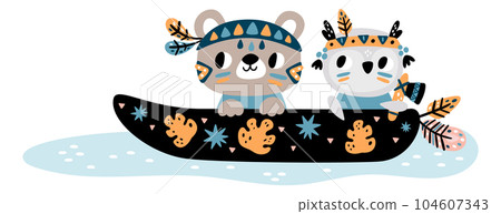 Cute animals in traditional row boat. Boho style canoe Cute animals in traditional row boat. Boho style canoe 104607343