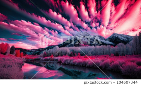 Beautiful pink infrared landscape panorama mountains with cloudy sky 104607344