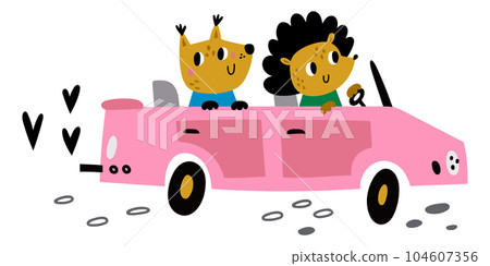 Lovely animal couple traveling in car. Cute kid print Lovely animal couple traveling in car. Cute kid print 104607356