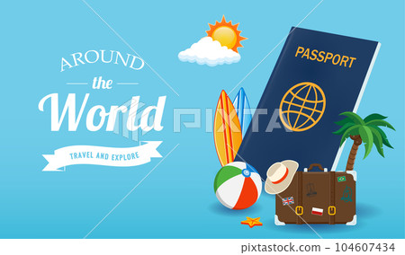 Travel composition with vacation stuff. Vector graphic 104607434