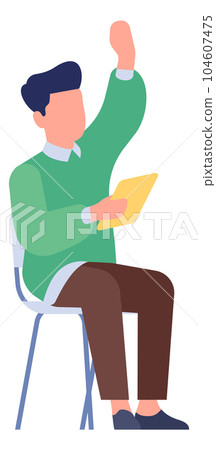 Student with raised hand. Young man holding paper sheet Student with raised hand. Young man holding paper sheet 104607475