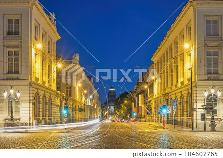 Brussels Belgium, night city skyline at Law Courts of Brussels (Palais de Justice) with traffic 104607765