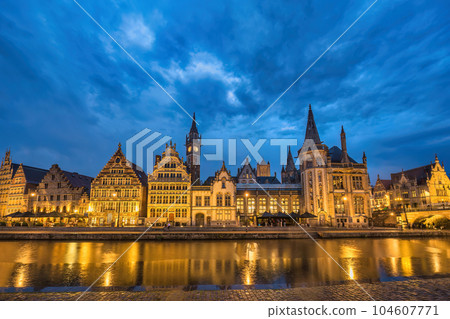Ghent Belgium, night city skyline at St Michael's Bridge (Sint-Michielsbrug) with Leie River and Korenlei 104607771