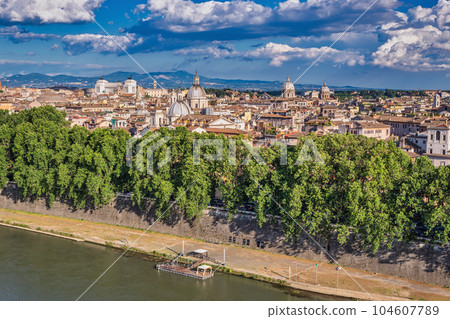 Rome Italy, high angle view city skyline at Rome city center and Tiber River 104607789