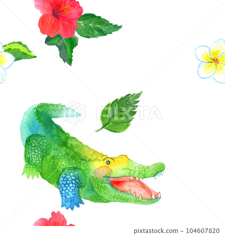 Cute watercolor seamless pattern material decorated with smiling crocodile and hibiscus, plumeria and palm leaves 104607820