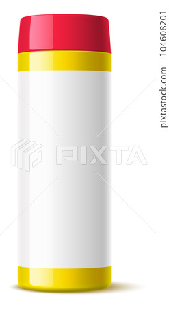Yellow detergent bottle with red lid. Plastic chemical container realistic mockup Yellow detergent bottle with red lid. Plastic chemical container realistic mockup 104608201