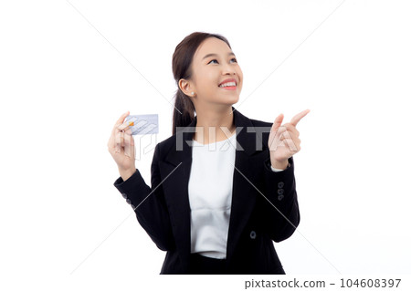 Portrait young asian business woman holding credit card or debit card show and presenting isolated. 104608397