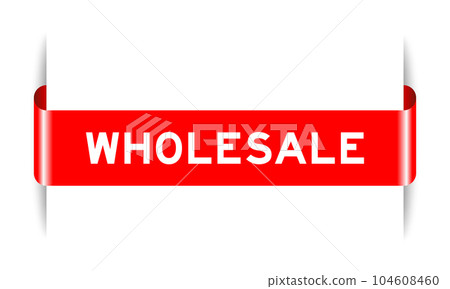 Red color inserted label banner with word wholesale on white background 104608460
