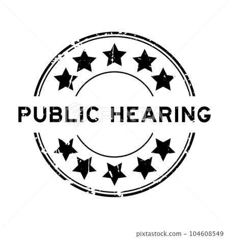Grunge black public hearing word with star icon round rubber seal stamp on white background Grunge black public hearing word with star icon round rubber seal stamp on white background 104608549