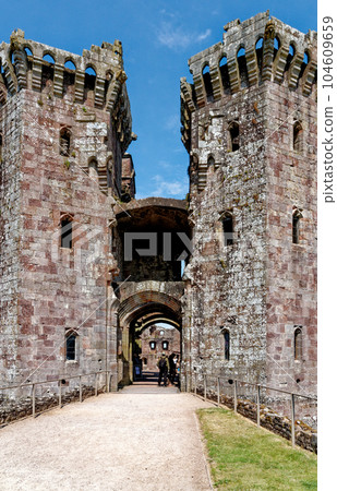 Raglan Castle in Summer, Raglan, Monmouthshire, South Wales, UK Raglan Castle in Summer, Raglan, Monmouthshire, South Wales, UK 104609659