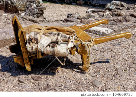 Old-fashioned wheelbarrow - Raglan Castle, Monmouthshire, South Wales 104609733