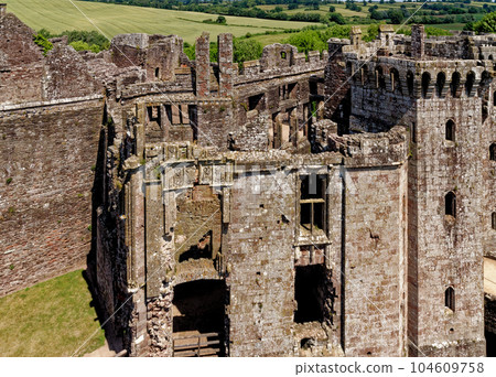 Raglan Castle in Summer, Raglan, Monmouthshire, South Wales, UK Raglan Castle in Summer, Raglan, Monmouthshire, South Wales, UK 104609758