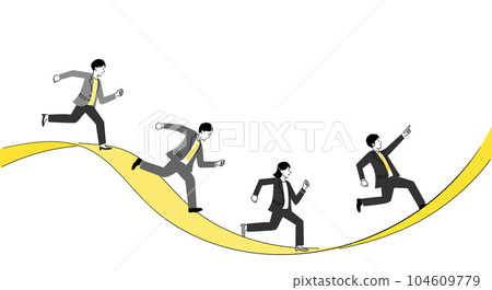 Illustration of male and female business people running on a winding road, vector 104609779