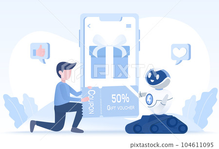 Loyalty program and bonus idea. AI robot sending a digital gift voucher to a customer. Present rewards, promotions, discount, and advertisements. On digital platform or mobile application.  104611095