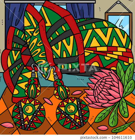 Juneteenth Headwrap and Earrings Colored Cartoon  104611610