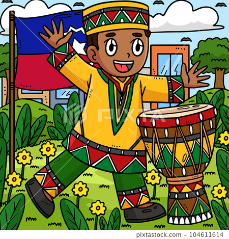 Juneteenth Boy Playing Djembe Colored Cartoon  104611614