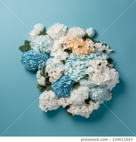 A cloud of white and blue flowers on a blue background, beautiful floral natural wallpaper A cloud of white and blue flowers on a blue background, beautiful floral natural wallpaper 104611683