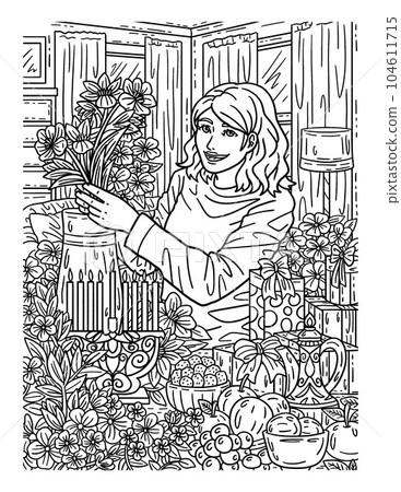 Hanukkah Mom Preparing Flowers Adults Coloring  104611715