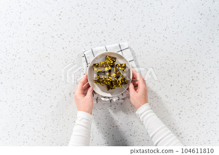 Flat lay. Homemade chocolate pistachio fudge square pieces on a white plate. Flat lay. Homemade chocolate pistachio fudge square pieces on a white plate. 104611810