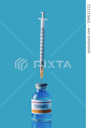 simulated vial of fentanyl and syringe simulated vial of fentanyl and syringe 104612312
