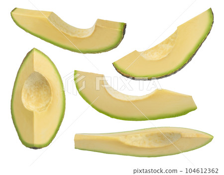 Avocado slices on a white isolated background. Avocado slices from different sides and different sizes. Avocado slices set isolate. To be inserted into a design or project. Avocado slices on a white isolated background. Avocado slices from different sides and different sizes. Avocado slices set isolate. To be inserted into a design or project. 104612362