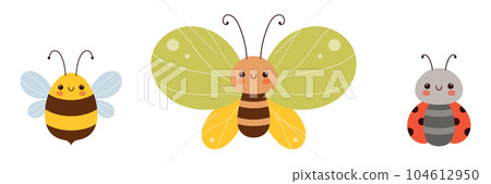 Cute insects set. Butterfly, bee and ladybug in flat cartoon style. Cute insects set. Butterfly, bee and ladybug in flat cartoon style. 104612950