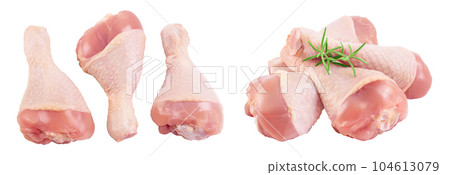 Raw chicken leg or drumstick isolated on white background with full depth of field. Top view. Flat lay Raw chicken leg or drumstick isolated on white background with full depth of field. Top view. Flat lay 104613079