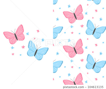Kids set of prints with butterflies. Cute print with butterflies and flowers and butterflies seamless pattern. Vector illustration. Hand drawn childish cute prints. Kids set of prints with butterflies. Cute print with butterflies and flowers and butterflies seamless pattern. Vector illustration. Hand drawn childish cute prints. 104613135