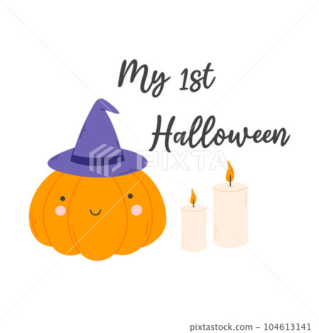 My first Halloween baby print for Halloween. Vector illustration isolated on white background. Kids print with pumpkin and lettering. 104613141